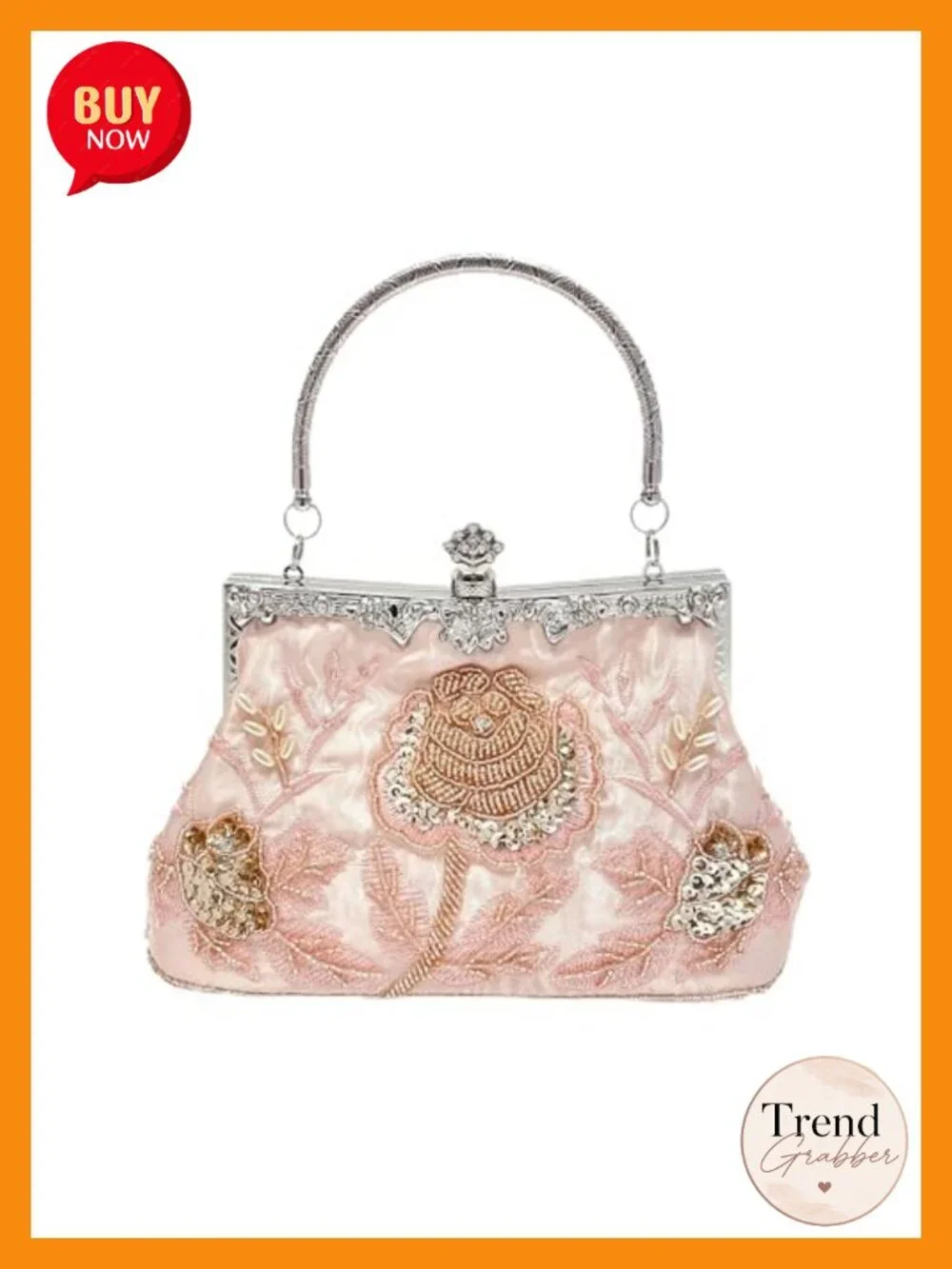 Handmade Rose Embroidered Beaded Evening Clutch Purse with Detachable Chain